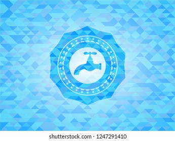 tap icon inside light blue emblem. Mosaic background