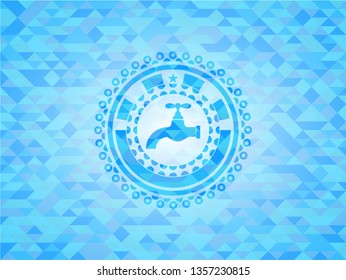 tap icon inside light blue emblem with mosaic background