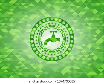 tap icon inside realistic green emblem. Mosaic background