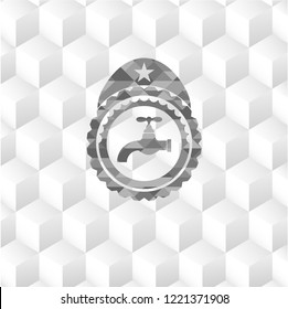 tap icon inside realistic grey emblem with geometric cube white background