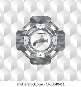 tap icon inside realistic grey emblem with geometric cube white background