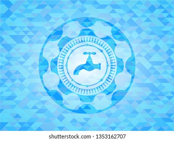 tap icon inside realistic light blue mosaic emblem