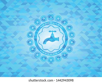 tap icon inside realistic light blue emblem. Mosaic background