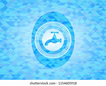 tap icon inside realistic sky blue emblem. Mosaic background