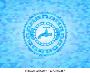 tap icon inside realistic sky blue emblem. Mosaic background