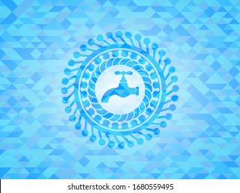 tap icon inside realistic sky blue mosaic emblem