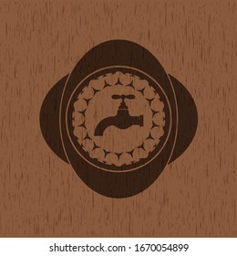 tap icon inside realistic wooden emblem