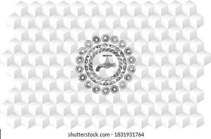 tap icon inside retro style grey emblem with geometric cube white background. 