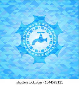 tap icon inside sky blue emblem with mosaic background
