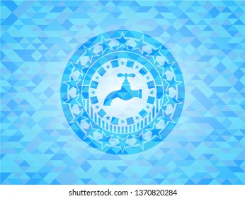tap icon inside sky blue emblem. Mosaic background