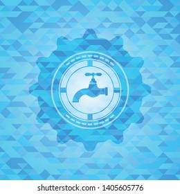 tap icon inside sky blue emblem. Mosaic background