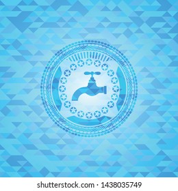 tap icon inside sky blue emblem. Mosaic background