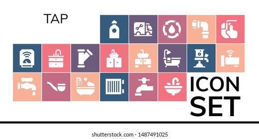 tap icon set. 19 filled tap icons.  Simple modern icons about  - Water, Heater, Faucet, Pipe, Bathtub, Beer tap, Sink, Plumber, Pipes, Clicking