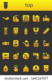 tap icon set. 26 filled tap icons. Included Pipe, Water, Clicking, Sewer, Faucet, Pipes, Bidet, Finger, Heater, Sink, Bathtub, Touch screen, Washbowl, Tap, Water heater icons