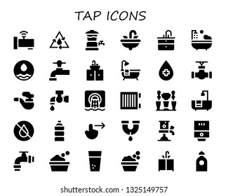 tap icon set. 30 filled tap icons.  Collection Of - Faucet, Water, Beer tap, Sink, Bathtub, Pipe, Sewer, Heater, Swipe right, Water heater, Washbowl