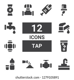 tap icon set. Collection of 12 filled tap icons included Sink, Pipe, Watering, Water, Faucet, Finger