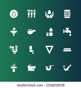 tap icon set. Collection of 16 filled tap icons included Pipe, Bidet, Sink, Water, Faucet, Beer can, Beer tap
