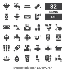 tap icon set. Collection of 32 filled tap icons included Beer tap, Water heater, Water, Sink, Bidet, Pipe, Finger, Beer can, Faucet, Touch screen, Submerge, Watering, Valve, Water
