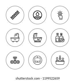 Tap icon set. collection of 9 outline tap icons with bathtub, finger, liquid, pipes, tap, water icons. editable icons.