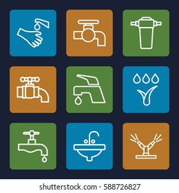 tap icons set. Set of 9 tap outline icons such as sink, hands washing