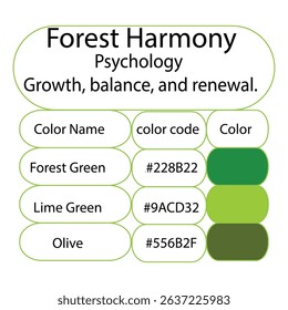 Tap into the psychological effects of Forest Green, Lime Green, and Olive. Enhance your designs with this rich, nature-inspired color palette.
