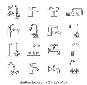 Iconos de grifo de cocina y baño. Grifos de lavabo de línea delgada vectorial y grifos mezcladores de bañera con gotas de agua y flujo, perillas y palancas de válvula, ducha y manguera. Contorno de accesorios de fontanería, letreros de tapware