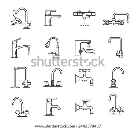 Tap kitchen and bathroom faucet icons. Vector thin line sink faucets and bathtub mixer taps with water drops and flow, valve knobs and levers, shower and hose. Outline plumbing fixtures, tapware signs