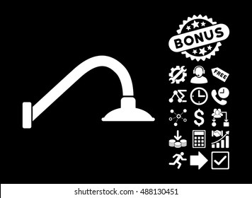 Tap Mixer icon with bonus pictures. Vector illustration style is flat iconic symbols, white color, black background.