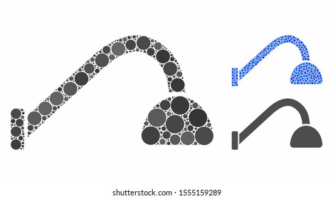 Tap mixer mosaic of circle elements in different sizes and color tones, based on tap mixer icon. Vector round elements are united into blue mosaic. Dotted tap mixer icon in usual and blue versions.