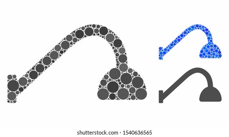 Tap mixer mosaic of round dots in variable sizes and color tints, based on tap mixer icon. Vector round elements are united into blue mosaic. Dotted tap mixer icon in usual and blue versions.