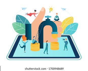 From the tap, money appears on the surface of the tablet. Teamwork, Internet business concept, successful startup vector illustration.