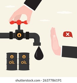 Tap with oil drop, barrels of petrol. Hand of businessman shows gesture - stop. Economic and trade wars. Ban on import oil, gas. Sanctions or restrictions. Commodities market crisis. flat vector