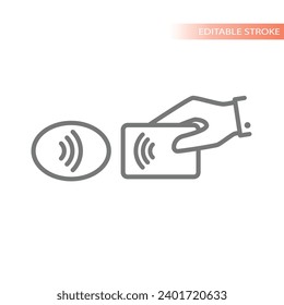 Tap to pay, hand with credit card and terminal line icon. Contactless payment outline symbol.
