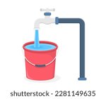 Tap and red bucket filled with water, vector eps10 illustration