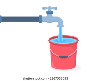 Tap y cubo rojo llenado con agua, vector eps10 ilustración