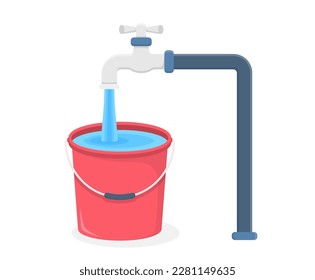 Tap y cubo rojo llenado con agua, vector eps10 ilustración