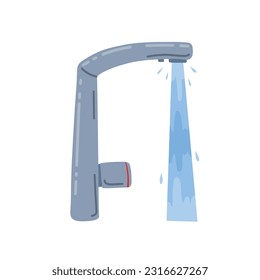 Tap with running water jet. Plumbing in kitchen and bathroom. Flow and stream of blue liquid.