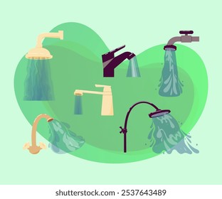 Grifo con juego de Ilustración vectorial de agua corriente. Flujo o corriente de líquido del grifo o de la ducha para la cocina o el baño sobre fondo blanco. Plomería, higiene, concepto de escasez de agua