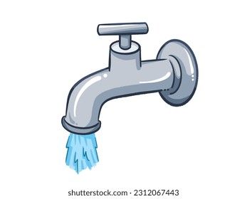 Tap sink faucet water vector illustration isolated on white horizontal background. Simple flat outlined cartoon art styled drawing.
