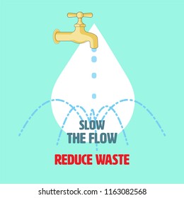 Tap with slow down water flow outline flat graphic design. Reduce waste water concept. Vector illustration.