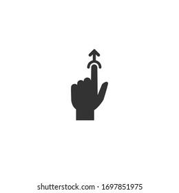 Tap, swipe up or scroll  icon. Pointing hand with arrow up. Flat black line picrtogram isolated on white. touch screen button. 