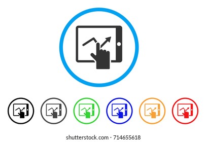 Tap Trend On PDA icon. Vector illustration style is a flat iconic tap trend on PDA grey rounded symbol inside light blue circle with black, gray, green, blue, red, orange color variants.