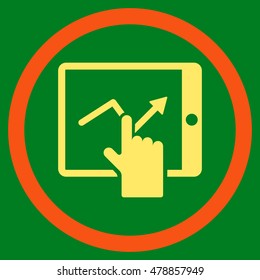 Tap Trend on Pda vector bicolor rounded icon. Image style is a flat icon symbol inside a circle, orange and yellow colors, green background.