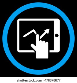 Tap Trend on Pda vector bicolor rounded icon. Image style is a flat icon symbol inside a circle, blue and white colors, black background.
