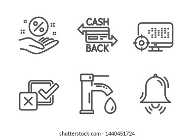 Tap water, Cashback card and Checkbox icons simple set. Seo, Loan percent and Clock bell signs. Faucet, Money payment. Technology set. Line tap water icon. Editable stroke. Vector
