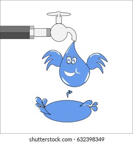 A tap with a water drop with wings and a puddle of water. Save water concept vector.