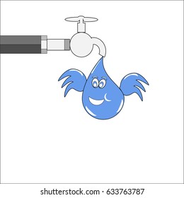 A tap with a water drop with wings. Save water concept vector.