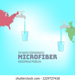 Tap water with enlargement of microfiber pollutants, on city map background. Microplastic contamination concept. Vector illutration.