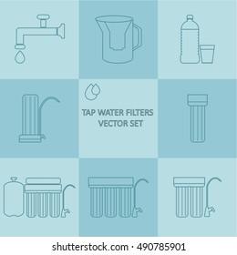 Tap water filter outline vector  icon set. Drink water purification filters. Different tap water filtration systems for water treatment at your home/Tap water filter outline vector  icon set