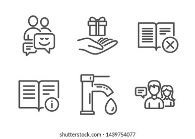 Tap water, Loyalty program and Communication icons simple set. Technical info, Reject book and People talking signs. Faucet, Gift. Business set. Line tap water icon. Editable stroke. Vector